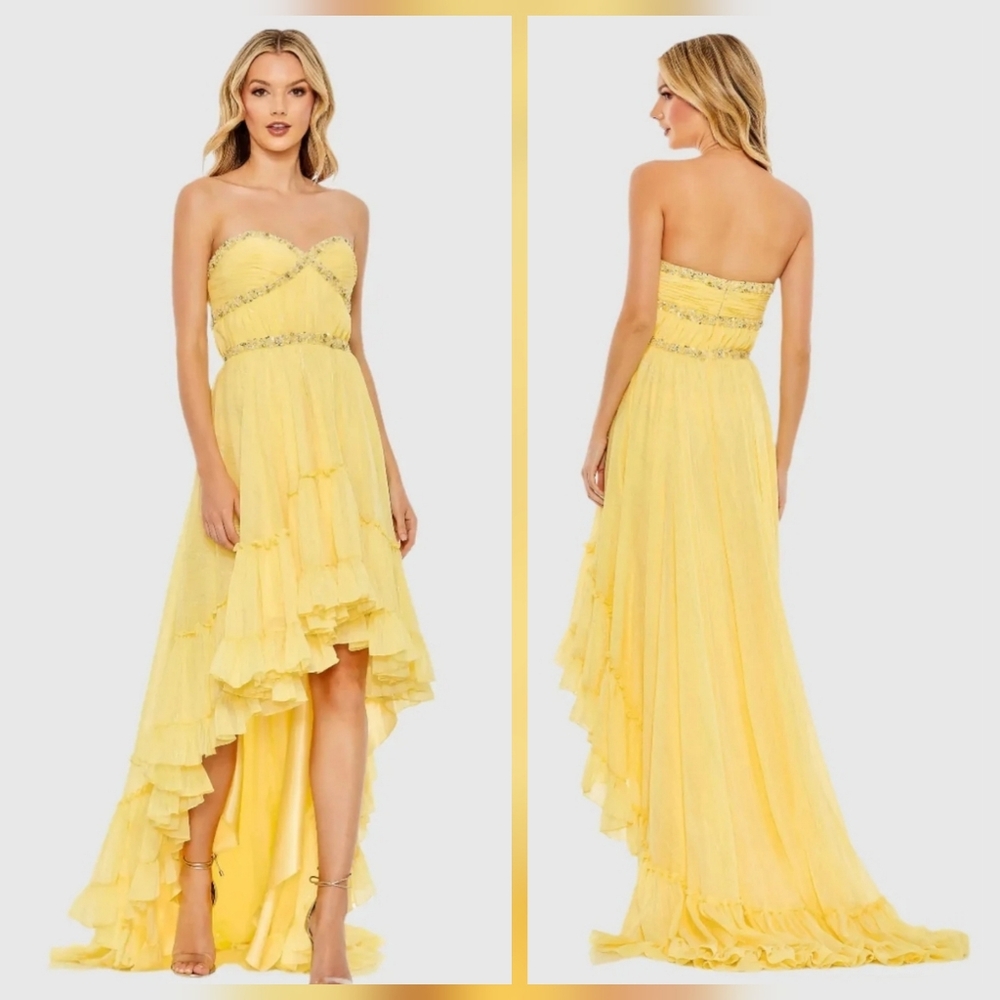 NWT Mac Duggal Yellow Beaded Ruffle High-Low Gown, Size 8